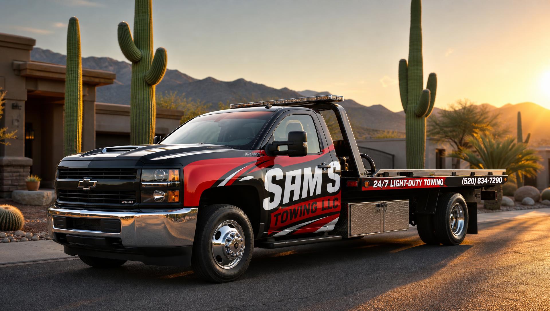 Sam's Towing LLC branded light-duty flatbed tow truck parked on a Tucson street